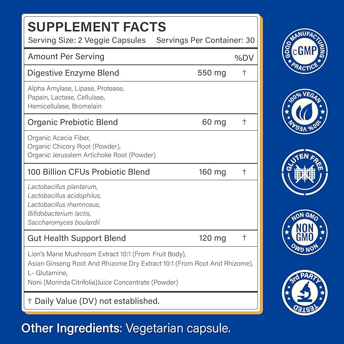 Digestive Enzymes Supplement with 100 Billion CFU Organic Probiotic & Prebiotic - Multi-Enzyme Formula for Women & Men - Supports Digestive & Gut Health, Aids Protein, Carb & Dairy Digestion, 180 Caps