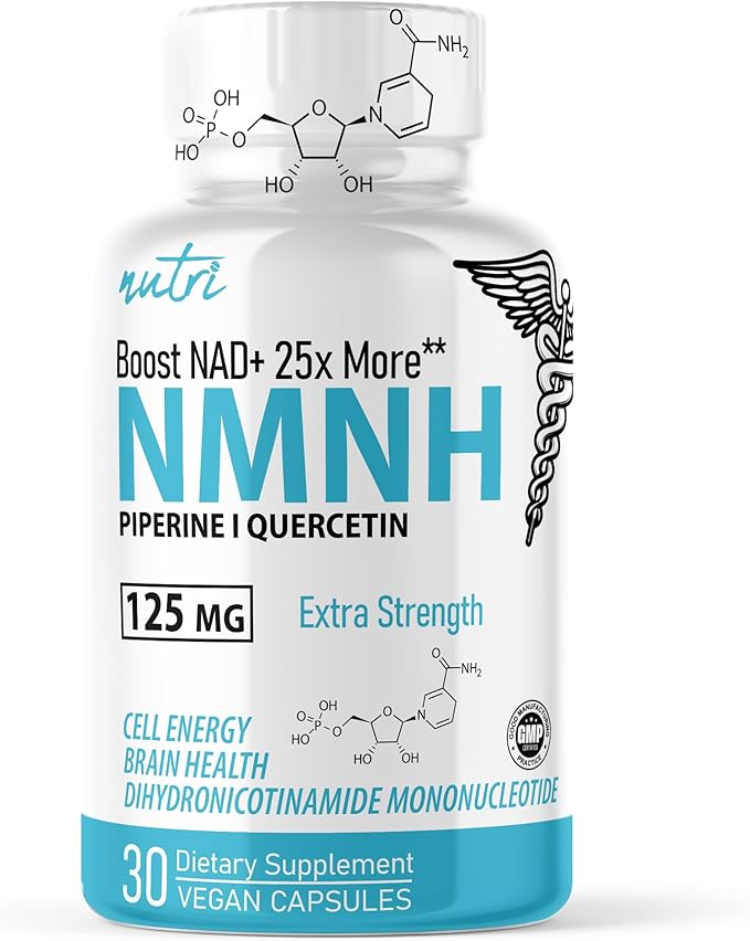 Nutri NMNH 125 mg Supplement - 25x more Bioavailable, with Piperine & Quercetin Phytosome - Boost NAD+ 40% more with Dihydronicotinamide Mononucleotide - 30 Capsules - 3rd Party Tested & GMP Certified
