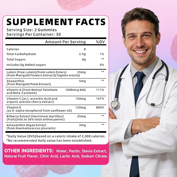 Lutein and Zeaxanthin Supplements, Lutein Gummies with Zeaxanthin,Vitamins A, C, E, Bilberry, Astaxanthin for Vision Health & Eye Strain, Sugar-Free/Vegan, Raspberry Flavor 60 Count