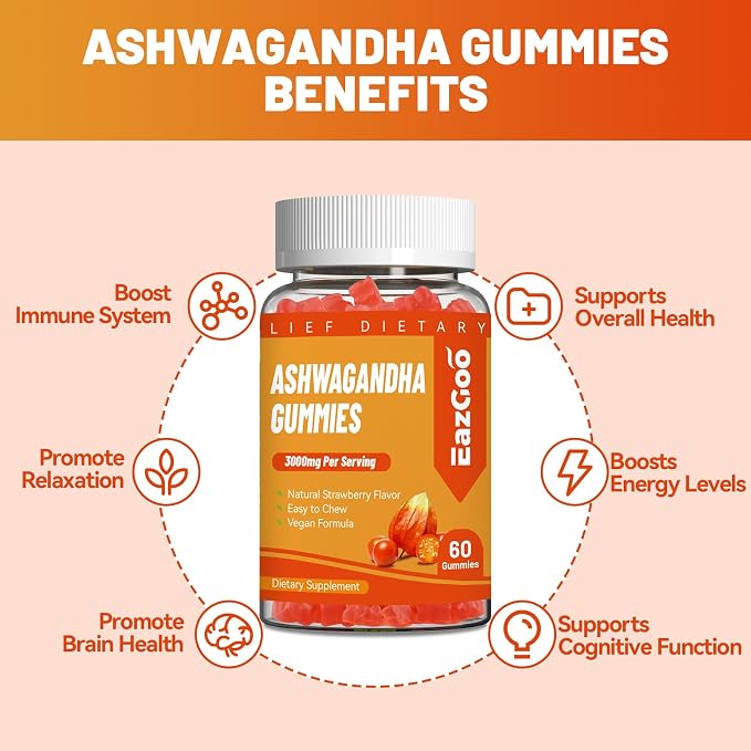 Ashwagandha Gummies & Vitamin D3, 3000mg Extra Strength Ashwagandha Root Extract for Boosts Energy, Immune Support, Non-GMO, Strawberry Flavor, 60 Count