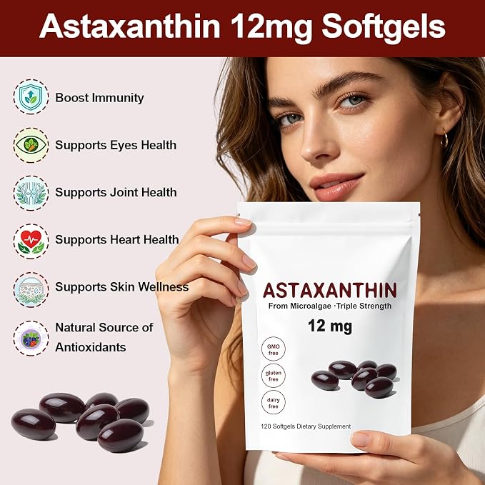 Astaxanthin 12mg Softgels - Premium Astaxanthin from Microalgae, Triple Strength, Immune Support - Non-GMO & Gluten Free 120 Softgels (1)