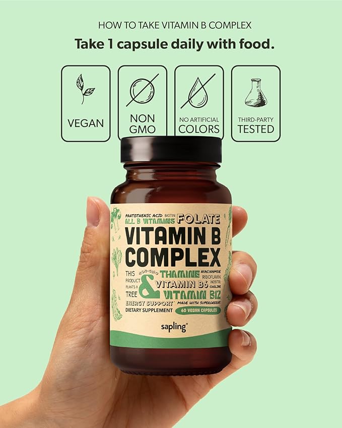 sapling Vegan Vitamin B Complex - Whole Food Blend with Essential B Vitamins B1, B2, B3, B5, B6, B7, Folate, B12-60 Caps
