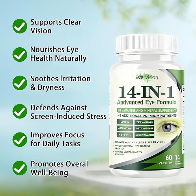 Evervision 14-in-1 Advanced Eye Formula - Eye Vitamin and Mineral Supplement for Eye Health - 60 Capsules (1pc)