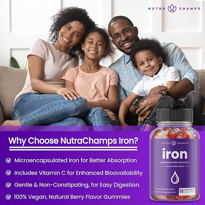 NutraChamps Iron Gummies with Vitamin C - 20mg, Blood Cell Formation Support, 60 Vegan Gummies for Iron Deficiency & Anemia, Energy, Focus, Immune Boost