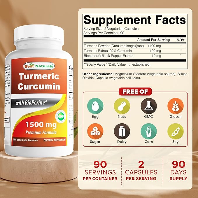 Best Naturals Turmeric Curcumin 1500mg/Serving with Bioperine - 180 Veggie Capsules