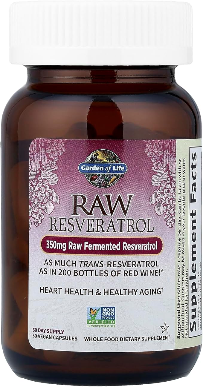 Garden of Life Heart Resveratrol Supplement - Powerful Antioxidant Support With 350mg Raw Fermented Trans-Resveratrol Plus Probiotics and Enzymes for Heart Health and Healthy Aging, 60 Vegan Capsules