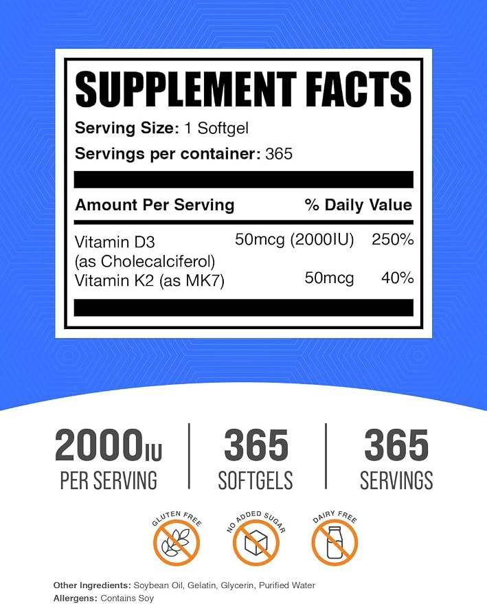 BulkSupplements.com Vitamin D3 + Vitamin K2 Softgels - D3, K2, Vitamin Supplement - Gluten Free, 1 Softgel per Serving (2000IU), 365 Count (Pack of 1)