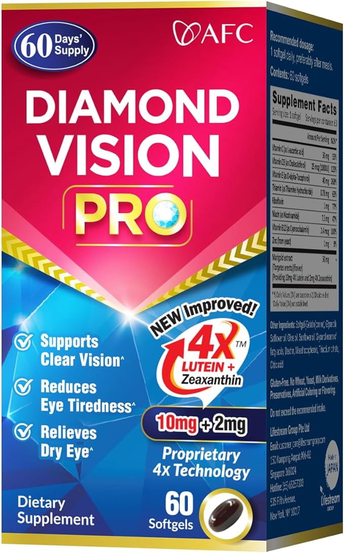 AFC Japan Diamond Vision PRO – Improved, Up-Sized Formula - Lutein & Zeaxanthin 4X with Eye Vitamins – Visual Health Supplement for Adults, Screen Exposure, Night Use, 60 Softgels