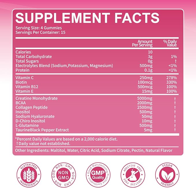 Sugar Free Creatine for Women, Creatine Monohydrate Gummies with Collagen,Energy Creatine Supplement for Muscle Strength, Strawberry Flavor,60 Count