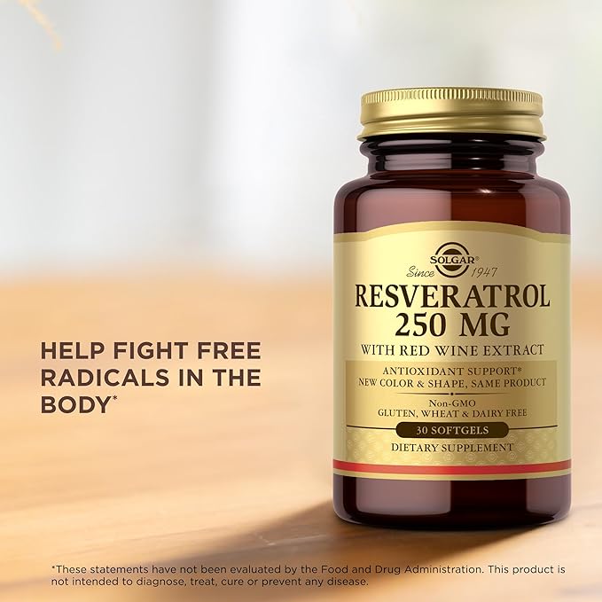 Solgar Resveratrol 250 mg with Red Wine Extract - 30 Softgels - Antioxidant Support - Non-GMO, Gluten Free, Dairy Free - 30 Servings