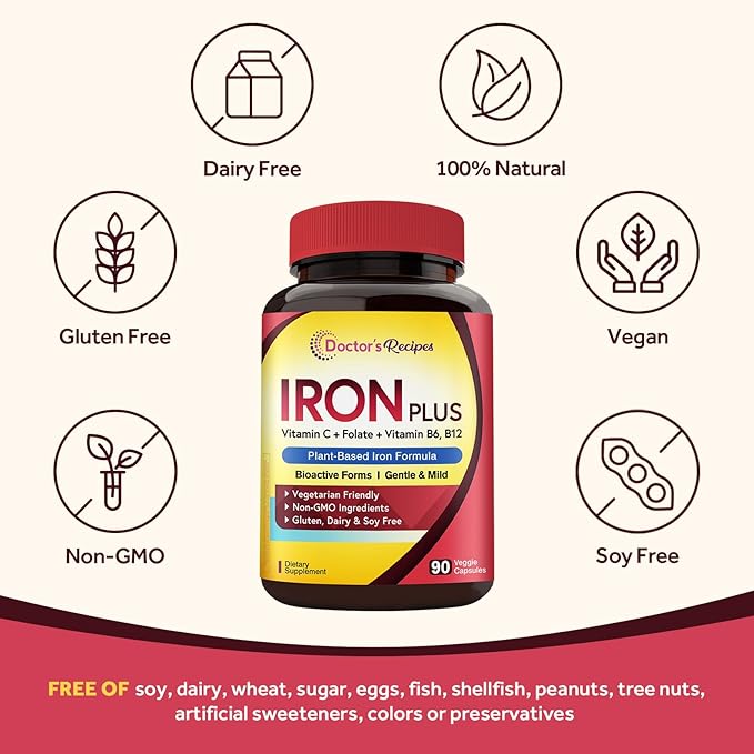 Doctor's Recipes Iron Supplement for Women Men - Gentle Iron Bisglycinate with Vitamin C, B6, Folate & B12, Stomach Friendly Iron Pills, 90 Vegan Caps
