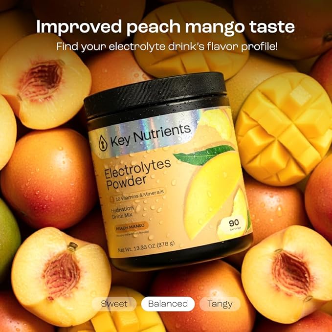 KEY NUTRIENTS Multivitamin Electrolytes Powder No Sugar - Tropical Peach Mango Electrolyte Powder - Endurance & Energy Supplement - Hydration Powder - No Calories - 90 Servings - Made in USA