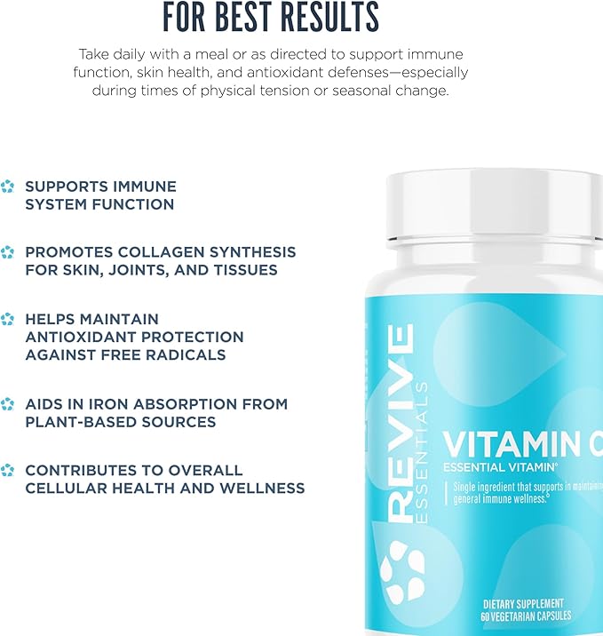 Revive MD Vitamin C Capsules, 1000mg - High-Potency VIT C Ascorbic Acid Dietary Supplement for Immune Support & Antioxidant Health - No Fillers & Non-GMO (200 Vegetarian Capsules, 30 Servings)