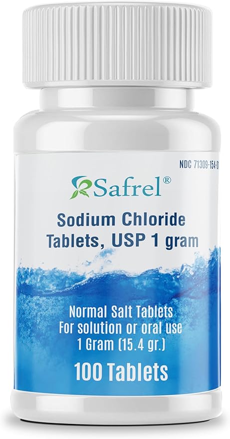 Safrel Sodium Chloride Tablets 1 gm, USP | Normal Salt Tablets | (15.4gr.) | Electrolytes Replenisher Hydration Drink (100 Count (Pack of 1), 100, Count)