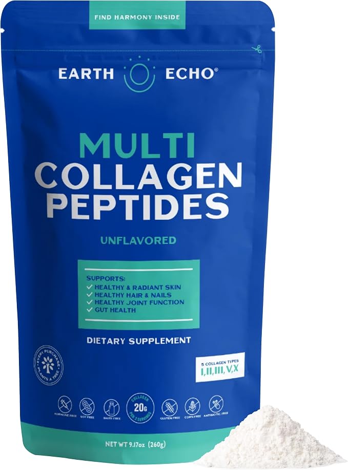 Earth Echo Multi Collagen Peptides Powder - Unflavored Hydrolyzed Collagen with Vitamin C & Hyaluronic Acid for Skin, Joints, Gut & Immunity - Non-GMO, Dairy-Free, Keto-Friendly - 26 Servings