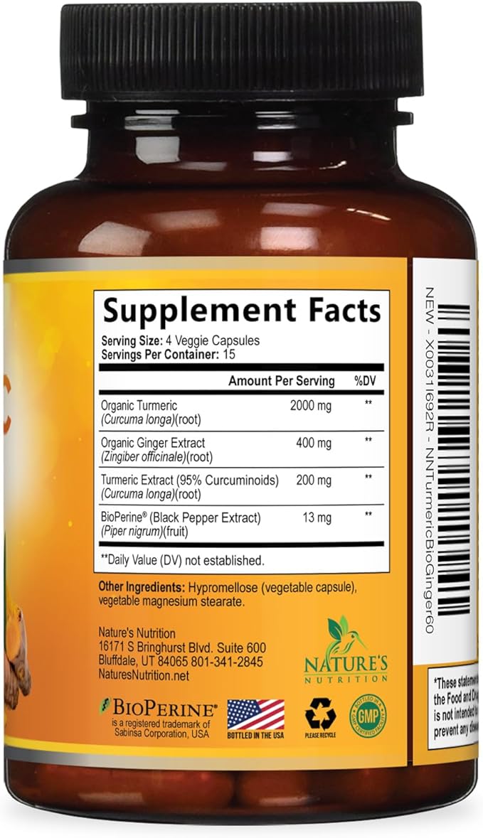 Turmeric Curcumin Supplement - 2000mg Organic Turmeric Per Serving - 95% Curcuminoids, Ginger & BioPerine Black Pepper for Best Absorption - Natural Vegan Joint Support, Bottled in USA - 60 Capsules