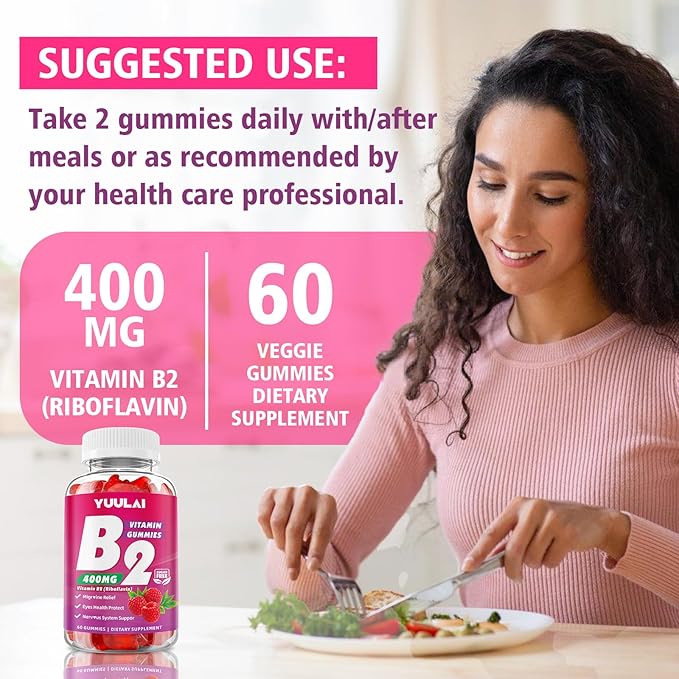 Vitamin B2 Gummies 400mg | Riboflavin Supplement with Magnesium for Kids & Adults, B2 Gummies for Migraine Relief, Nervous System & Skin Health, Vegan, Sugar-Free, Raspberry Flavor, 60 Count