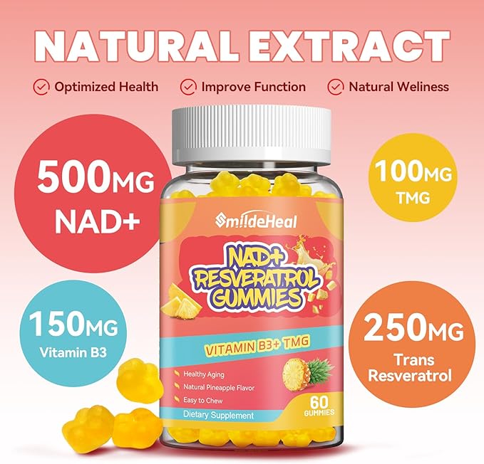 2Pack NAD+ Resveratrol Gummies NAD+ Supplement 500mg with Vitamin B3 & TMG – Healthy Aging, Energy & Cellular Health Support – Vegan Friendly, Natural Pectin – 120 Gummies, 60-Day Supply
