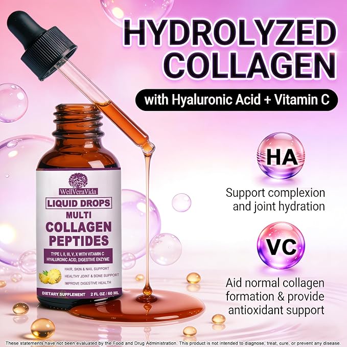Liquid Collagen Peptides - Types I, II, III, V, X, Multi Collagen Complex | Hydrolyzed Collagen Drops for Women Men, Hair, Skin, Nails Support, Collagen Supplement w. Hyaluronic Acid, Biotin, Vitamin C