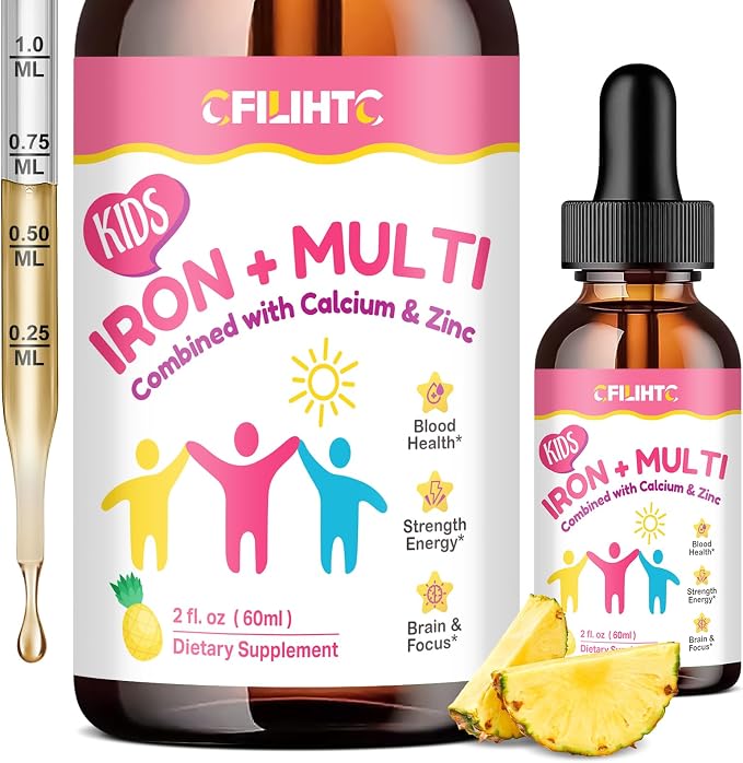 Liquid Iron Supplement for Kids, Women & Men - with Calcium, Zinc, Kids Multivitamin with Iron Drops - Blood Builder & Energy Support for Iron Deficiency, Anemia, Pineapple Flavor 2 Fl Oz