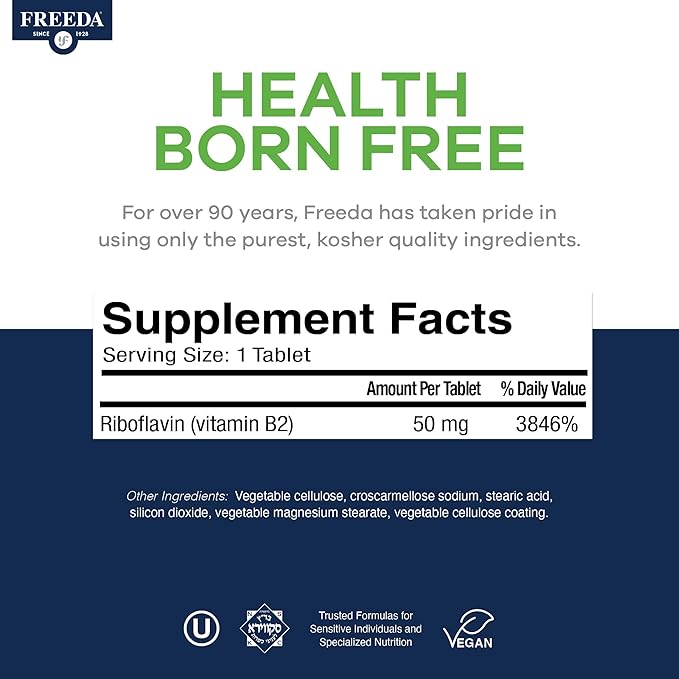 FREEDA Riboflavin Vitamin B2 Tablets – 50mg – Optimized Dose for Energy & Nervous System Support – Kosher, Vegan, GF B2 Vitamins Supplement – VIT B 2 for Brain & Metabolism (100 Ct)