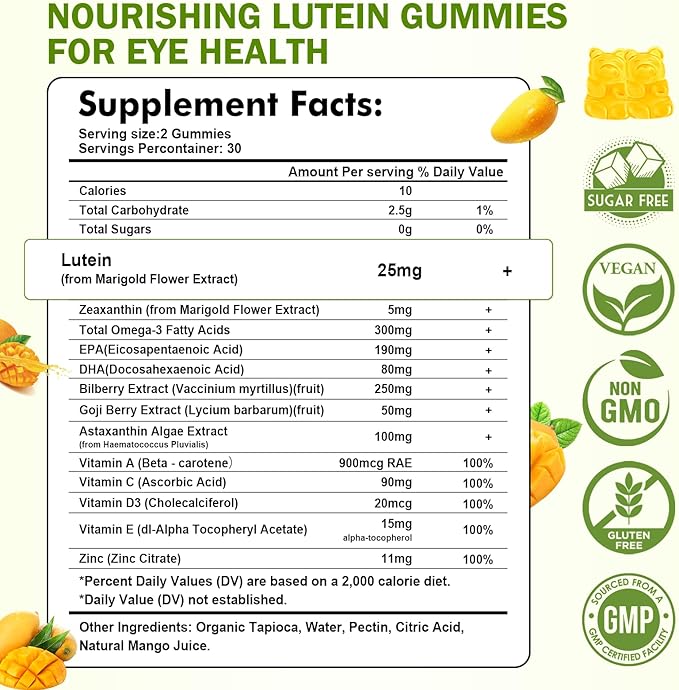 Lutein and Zeaxanthin Supplements Gummies with Astaxanthin & Bilberry Extract - Eye Vitamins with Omega-3, Vitamins A, C, E, D3 & Zinc for Vision Health - Sugar Free, Mango Flavor, 60 Count