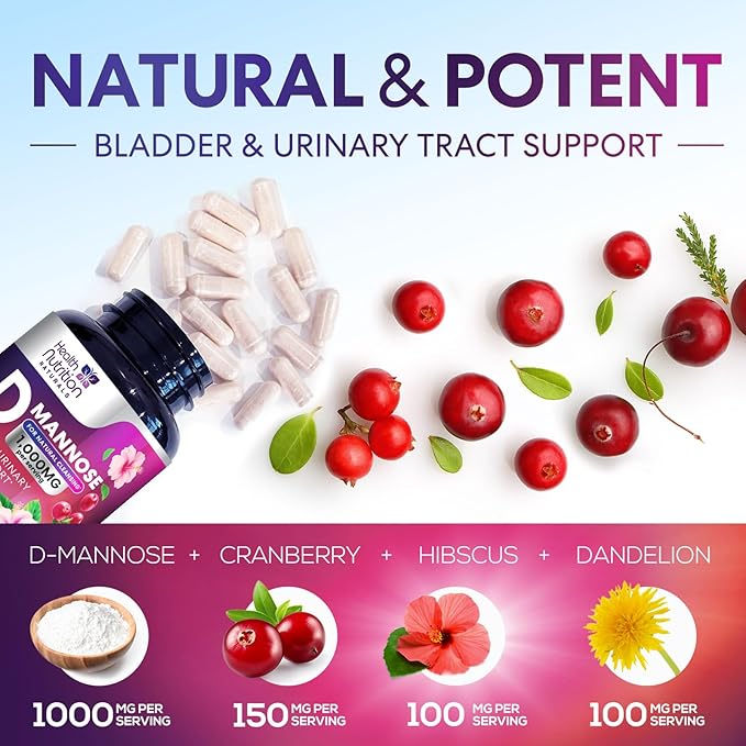 D-Mannose Supplement - 1,000mg D Mannose Per Serving with Cranberry, Hibiscus & Dandelion - Fast-Acting, Natural Urinary & Bladder Support for Women & Men – Flush & Cleanse Impurities – 120 Capsules