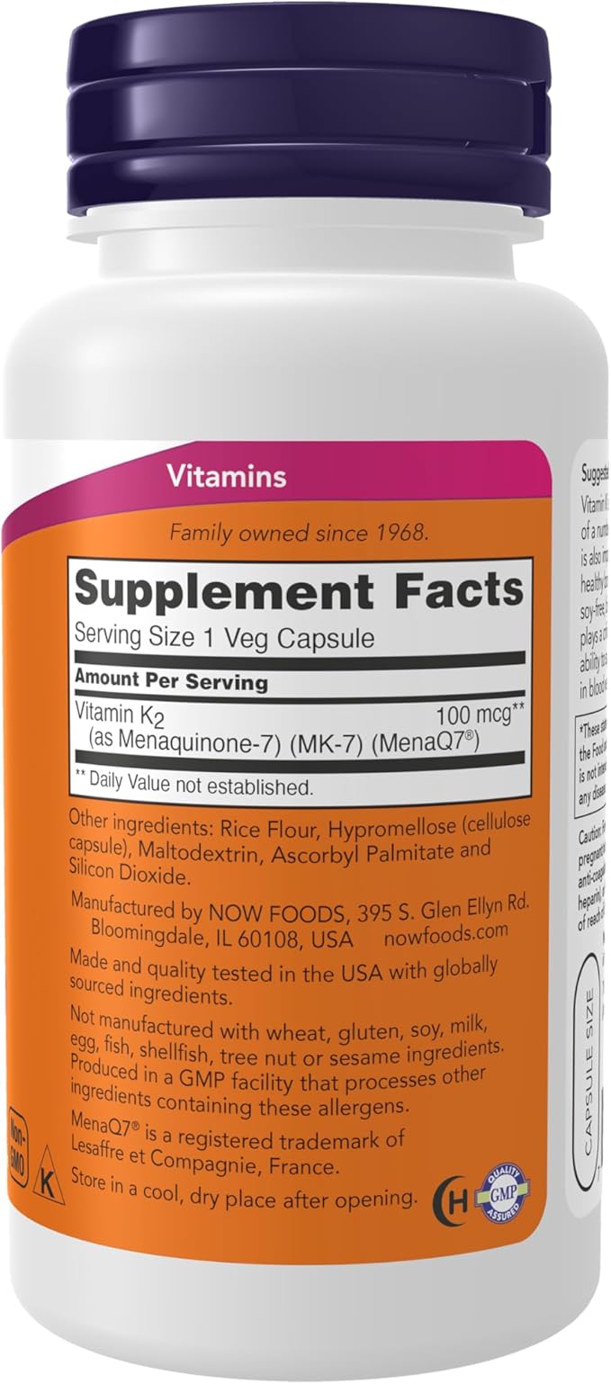 NOW Foods Supplements, MK-7 Vitamin K-2 100 mcg, Cardiovascular Support*, Supports Bone Health*, 120 Veg Capsules