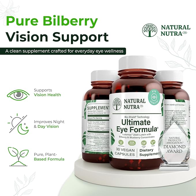 Natural Nutra Ultimate Eye Health Supplement - Bilberry & Blueberry Extract Blend for Day and Night Vision Support, Promotes Color Perception & Eye Clarity - Non-GMO, Gluten-Free, Vegan - 30 Capsules