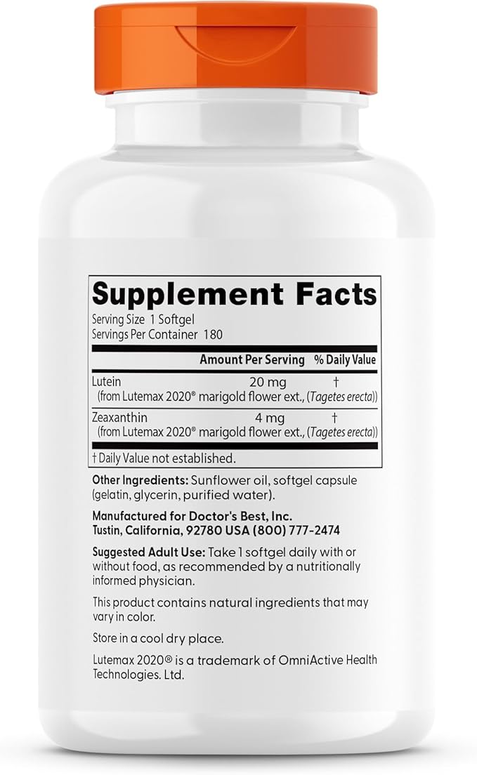 Doctor's Best Lutein Supplement 20mg with Zeaxanthin - Lutein for Eyes, Eye Health Vitamins for Men & Women, Vision and Macular Health Support, Lutemax 2020 Marigold Flower Extract - 180 Softgels