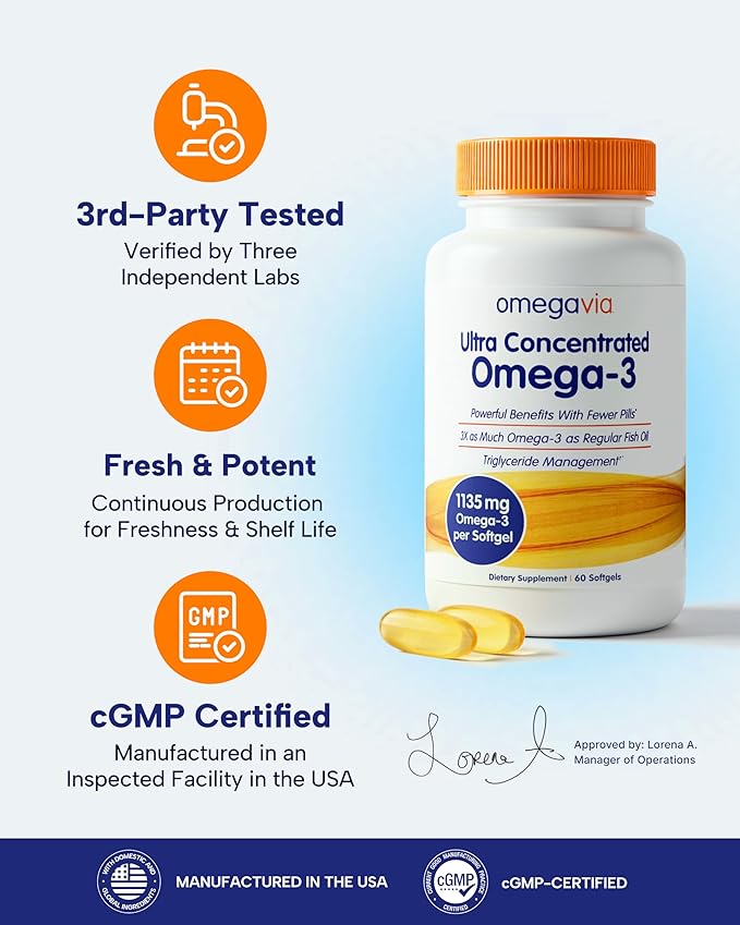 OmegaVia Ultra Concentrated Omega 3 Fish Oil Burpless, 60 Softgels, Triple Strength Omega 3 Fish Oil Supplements, 1135 mg Pure Omega3, No Fishy Burps, High EPA DHA DPA, IFOS 5-Star
