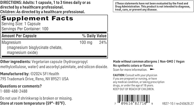 Klaire Labs SFI Health Magnesium Glycinate Complex - Chelated Magnesium Blend for Optimal Absorption - Supports Healthy Bones, Muscles & Energy Levels - Gentle on Digestion (100 Capsules)