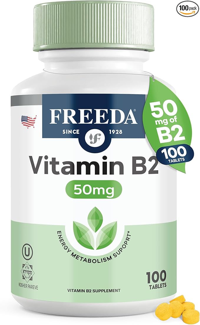 FREEDA Riboflavin Vitamin B2 Tablets – 50mg – Optimized Dose for Energy & Nervous System Support – Kosher, Vegan, GF B2 Vitamins Supplement – VIT B 2 for Brain & Metabolism (100 Ct)