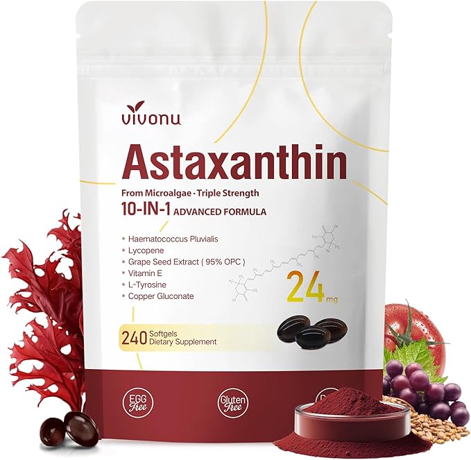 VivoNu Astaxanthin 24mg – Powerful Antioxidant Support for Skin, Eyes & Immune System – 10-in-1 Formula with Lycopene, Grape Seed, Vitamin E & Zinc – Triple Strength, 240 Softgels