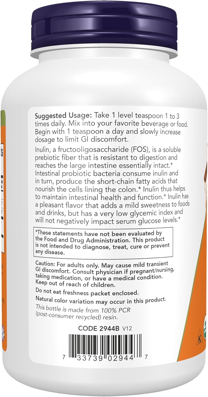 NOW Foods Supplements, Inulin Prebiotic Pure Powder, Certified Organic, Non-GMO Project Verified, Intestinal Support*, 8-Ounce