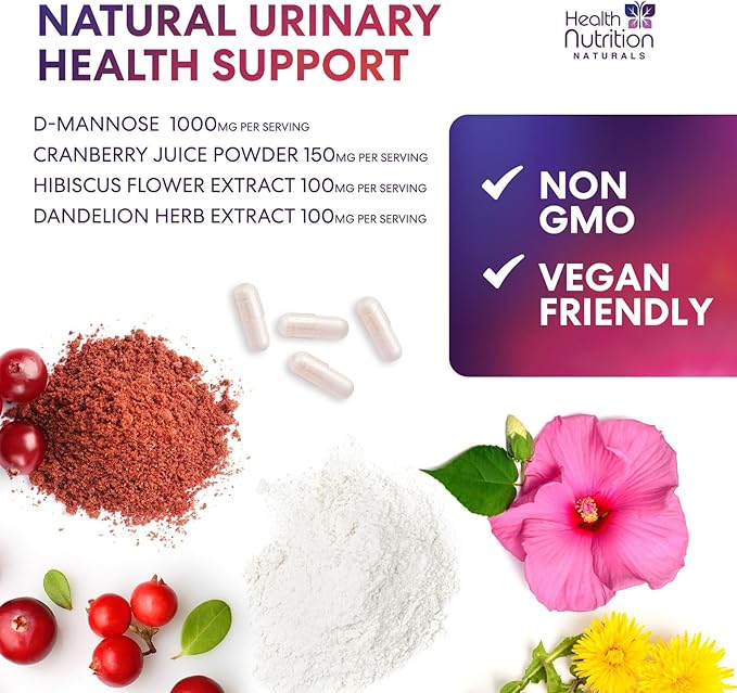 D-Mannose Supplement - 1,000mg D Mannose Per Serving with Cranberry, Hibiscus & Dandelion - Fast-Acting, Natural Urinary & Bladder Support for Women & Men – Flush & Cleanse Impurities – 120 Capsules