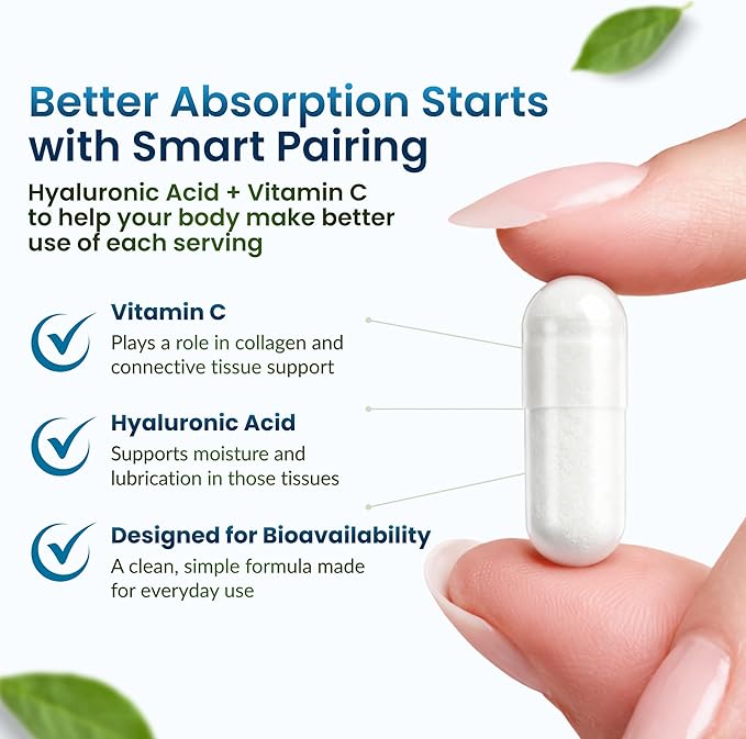ForestLeaf Hyaluronic Acid Supplements | 100mg High Bioavailable Dietary Hyaluronic Acid Powder Capsules + 50mg VIT C | Supports Skin Hydration, Joint Lubrication, Anti-Aging, Hair & Nails | 120 Caps