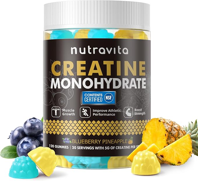 Nutravita NSF Certified Creatine Gummy - Creatine Monohydrate Gummies for Men & Women-5g of Creatine Monohydrate per Serving - Sugar Free,Vegan,Blueberry Pineapple Flavor, 120 Count