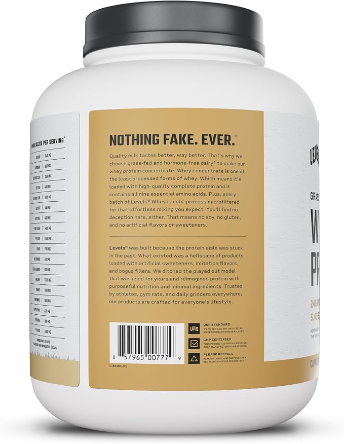 Levels Whey Protein Powder, No Artificial Ingredients, Cappuccino, 5LB | 24G of protein and 5.4G BCAAs per scoop, made with hormone-free dairy, zero junk, no fillers, no added sugar, certified clean