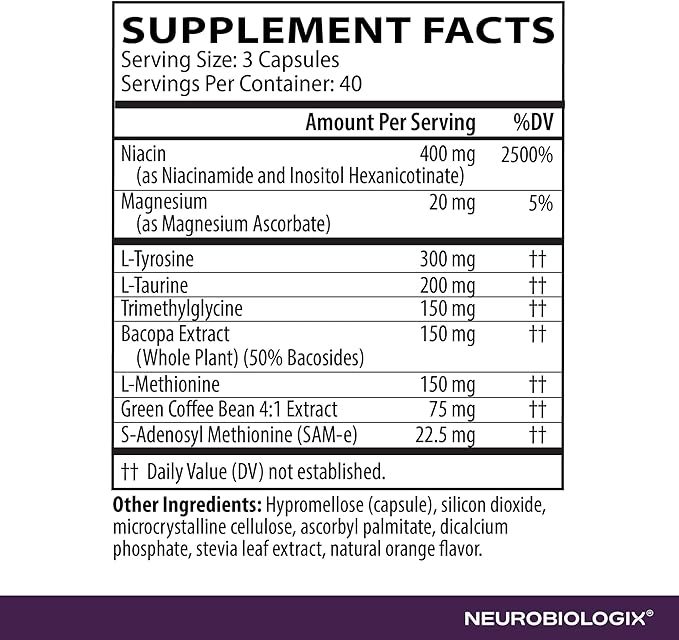 Neurobiologix Full Focus for Men & Women, Brain & Mood Support Supplement, Promotes Focus, Memory & Cognitive Function, with Green Coffee Bean, Bacopa, Magnesium & SAM-E, Gluten Free, 120 Capsules