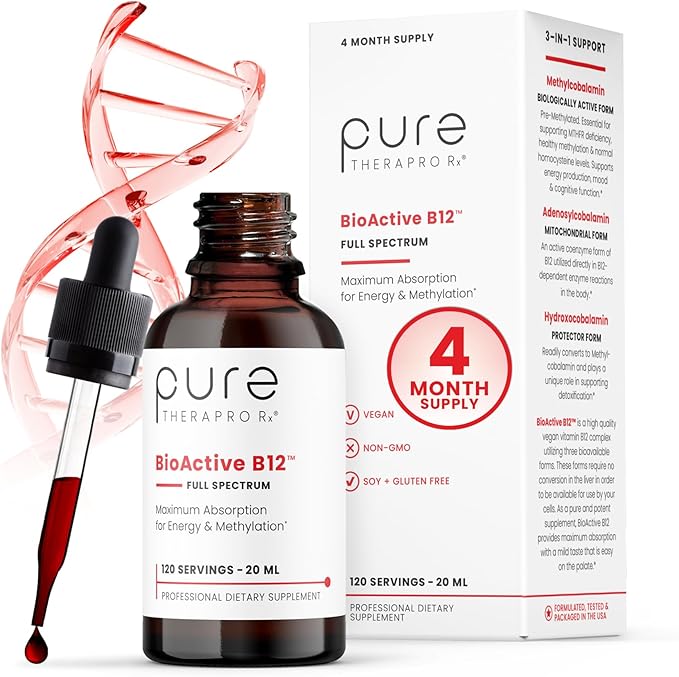 BioActive B12 Full Spectrum Vegan Methylated Vitamin B12 Sublingual Liquid Methylcobalamin, Hydroxocobalamin & Adenosylcobalamin 1,250 mcg per Drop (4 Drops = 5,000mcg / 4 Month Supply) 20 ml