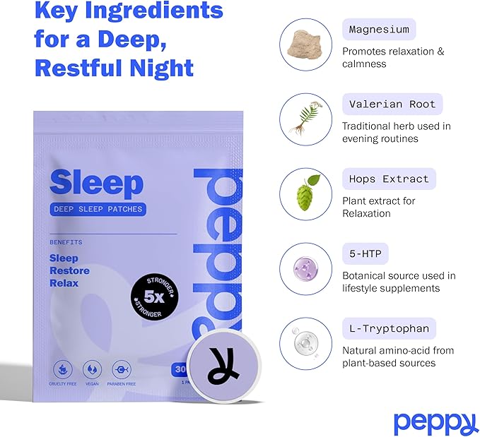 peppy Sleep Patches 30 Day Supply - Nighttime Herbal Patch with Valerian, Hops & Natural Botanicals - Gentle Restful Sleep Aid Transdermal Patch for Adults - Relaxation Support