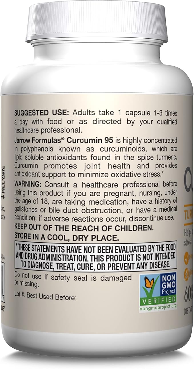 Jarrow Formulas Curcumin 95 Supplement - Turmeric Extract Supplement, 500 mg for Antioxidant & Joint Support, 60 Capsules