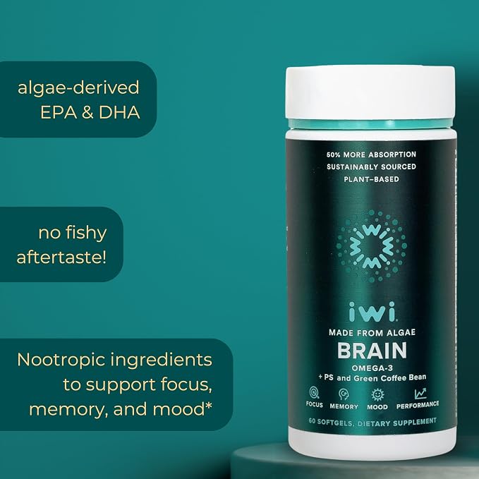 Iwi Life Brain Omega-3, 60 Softgels (30 Servings), Vegan Plant-Based Algae Omega-3 with EPA + DHA, Focus, Memory and Mood Support Dietary Supplement, Krill & Fish Oil Alternative, No Fishy Aftertaste