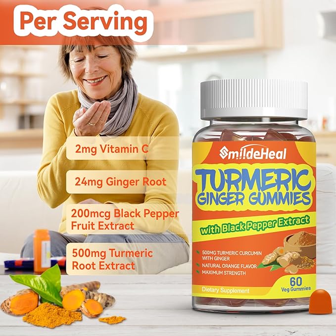 Turmeric Curcumin Gummies 500mg, with Turmeric Root Extract, Ginger Root, Black Pepper Extract, Antioxidant Support, Orange Flavor Gummies, 60 Count (Pack of 2)