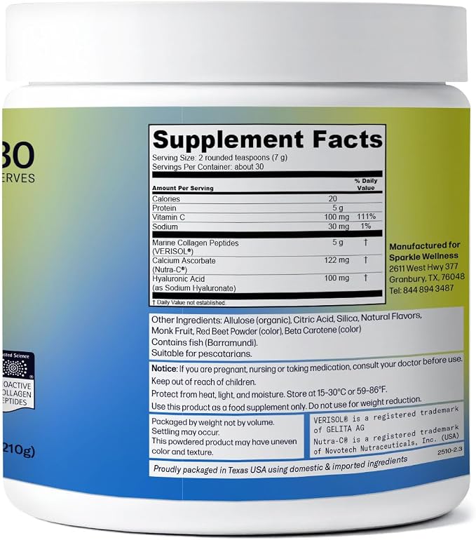 Sparkle Wellness Marine-derived VERISOL Bioactive Hydrolyzed Collagen Peptides | Collagen Powder Supplement with Vitamin C & Hyaluronic Acid | Marine Skin Boost Plus (Peach) [30-Serves]