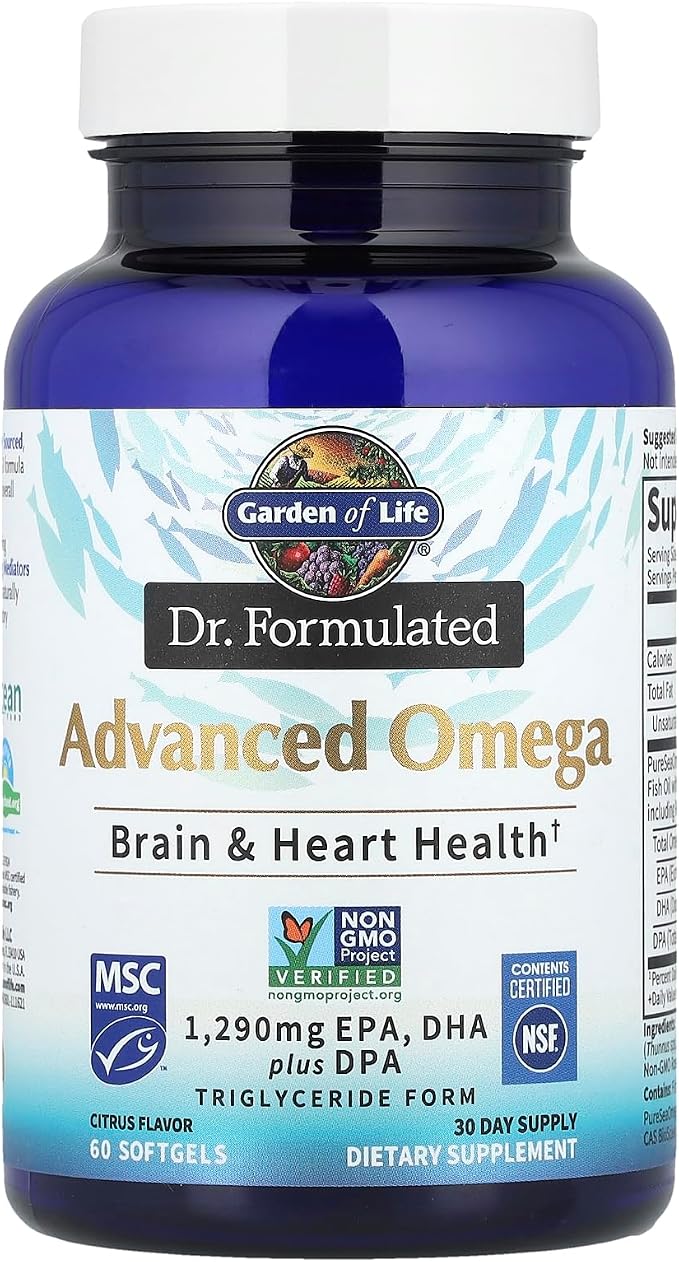 Garden of Life Dr. Formulated Advanced Omega Fish Oil - Lemon, 1,290mg EPA, DHA + DPA in Triglyceride Form, Single Source Omega 3 Supplement for Ultimate Brain & Heart Health, Non-GMO, 60 Softgels