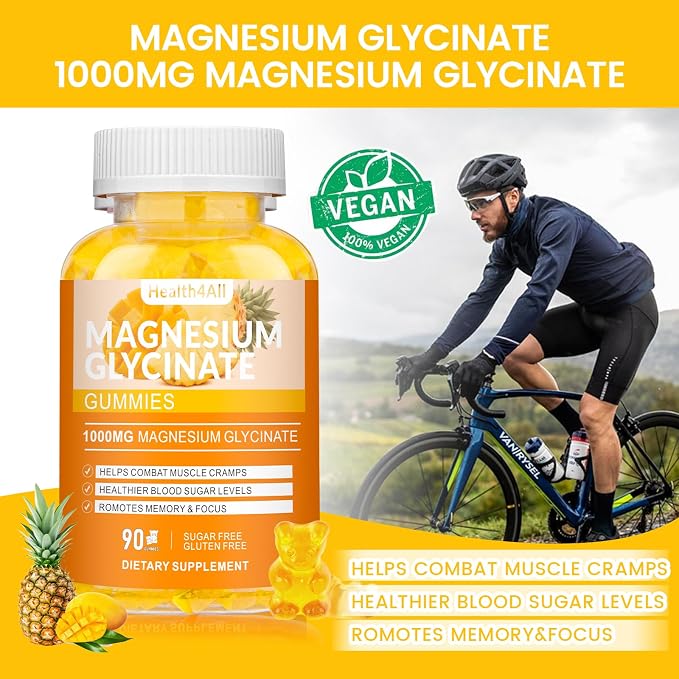 Magnesium Glycinate Gummies 1000mg, High Absorption Sugar Free Magnesium Potassium Supplement for Relaxation, Stress Relief, and Sleep Support for Adults & Kids - 180 Mango Pineapple Gummies
