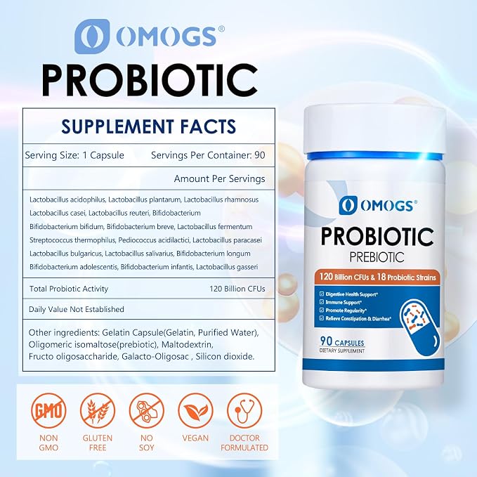 OMOGS Probiotics 120 Billion CFUs 18 Strains, 3 Prebiotics & Digestive Enzymes, Helps Digestive, Gut Health, Immune, Supports Occasional Constipation, Diarrhea & Gas - for Women & Men, 90 Capsules