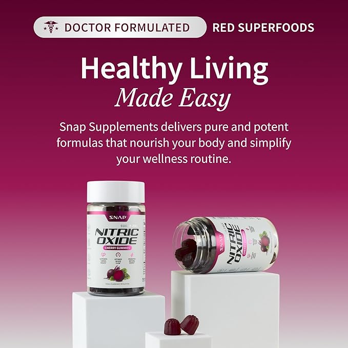Snap Supplements Nitric Oxide Gummies - Beet Root Extract 300mg, Sugar Free Beetroot Supplement with Pomegranate Powder for Circulation & Natural Energy, 60 Vegan Gummies (2-Pack), Cherry Flavor
